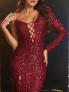 MISSORD Lace Up High Split Red Sequin Party Dress