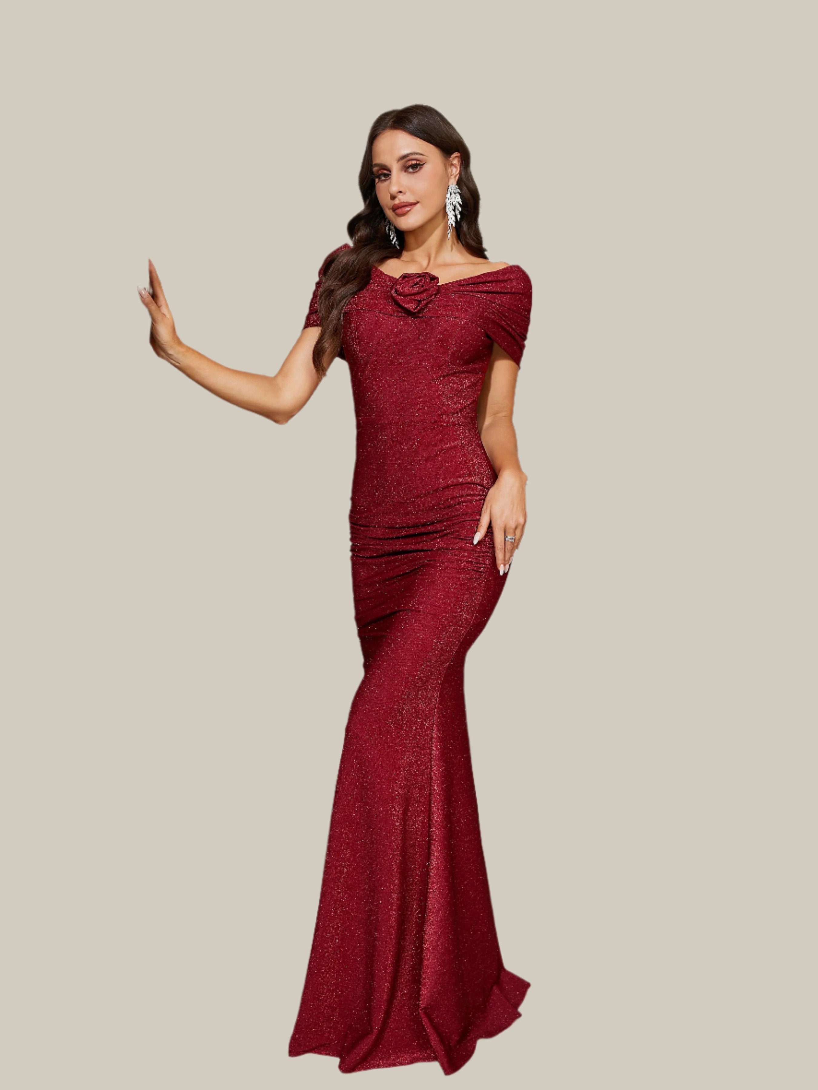 MISSORD Off Shoulder Appliqued Mermaid Wine Sequin Maxi Dress