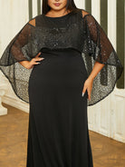 MISSOED Plus Size Cape Sleeve Backless Sequin Prom Dress