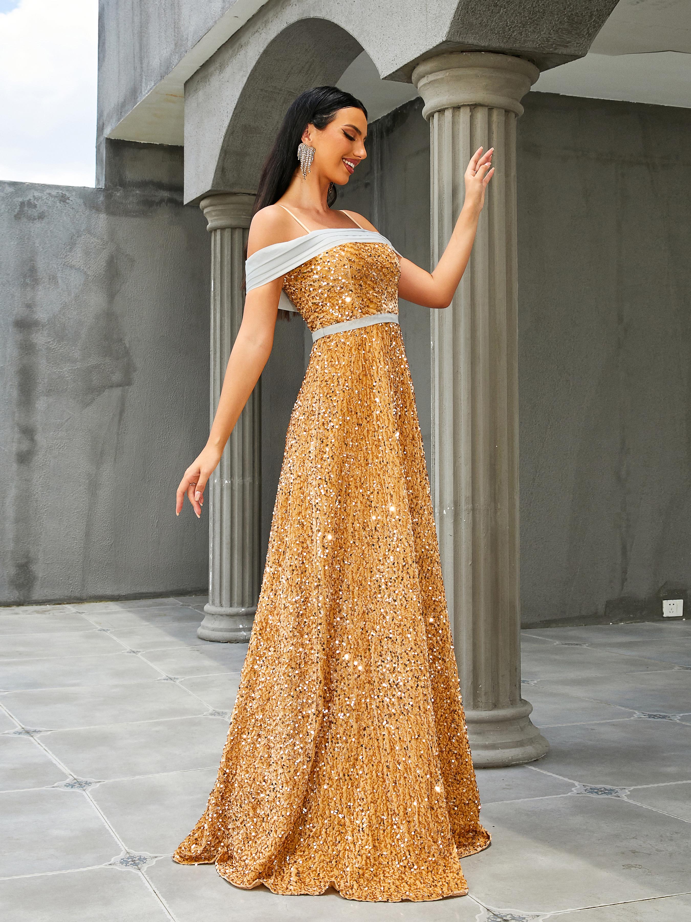 Cold Shoulder A-Line Sequin Prom Dress