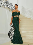 Off Shoulder Panel Green Sequin Evening Dress