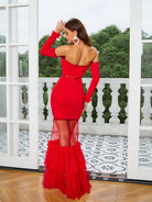 MISSORD Panel Off Shoulder Backless Red Prom Dress