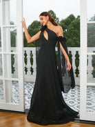 MISSORD Cutout Cape Sleeve Black Prom Dress