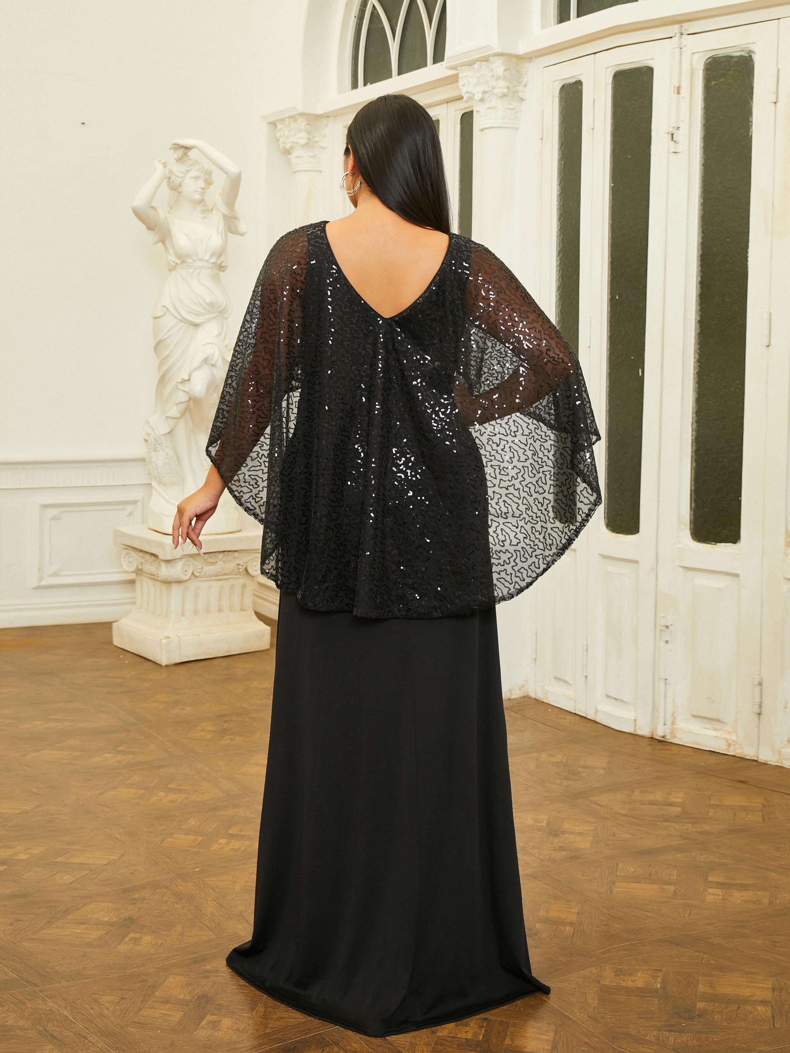 MISSOED Plus Size Cape Sleeve Backless Sequin Prom Dress