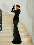 High Neck Cutout Black Velvet Evening Dress M02308 MISS ORD