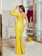 MISSORD One Shoulder Split Sequin Yellow Prom Dres