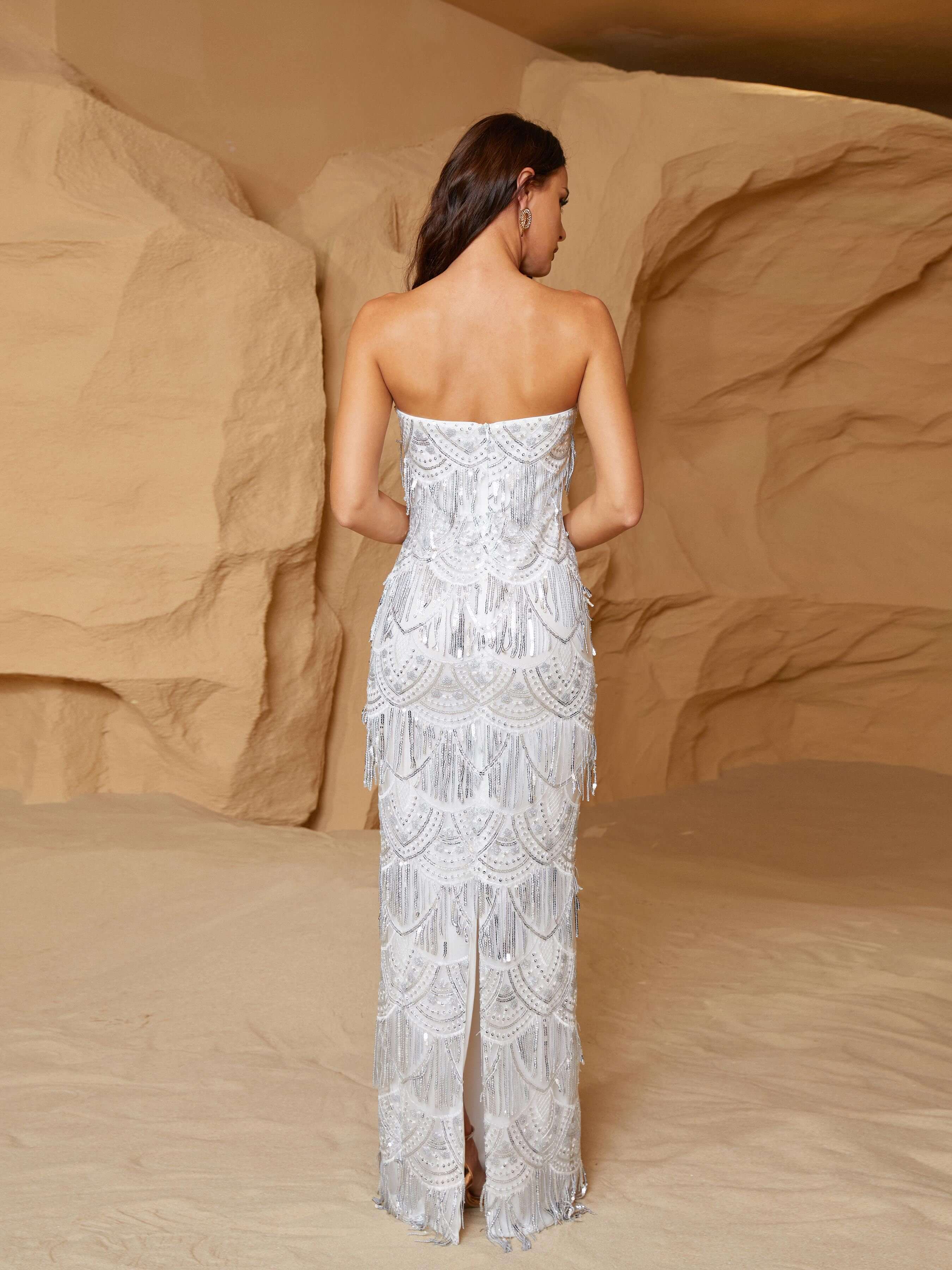 MISSORD Tube Top Fnringed Sequin Splite Prom Dress