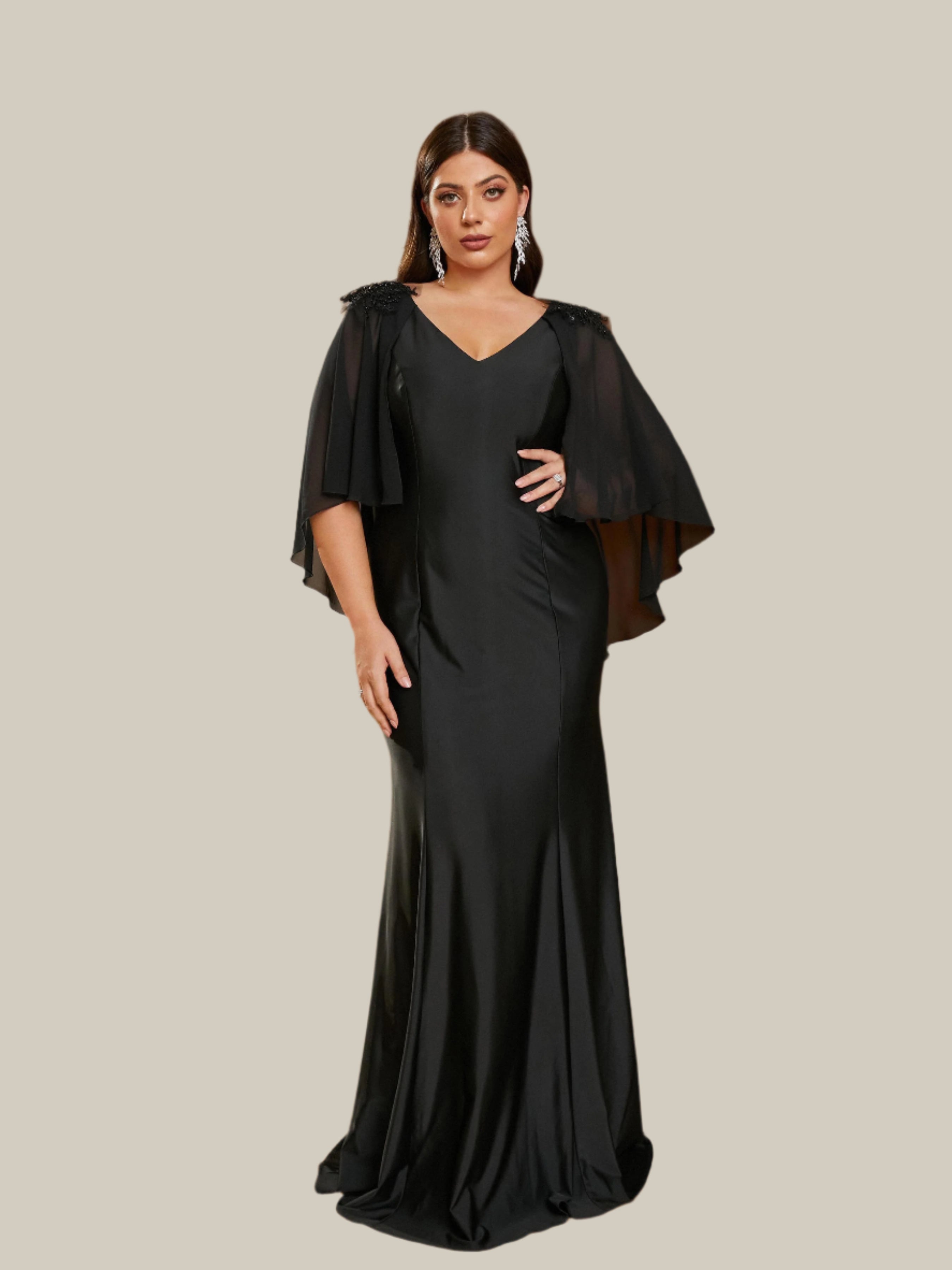 MISSORD Plus Size V-neck Cape Sleeve Black Prom Dress