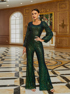 Open Back Ballon Sleeve Green Jumpsuit