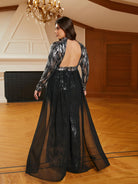 Plus Size Stand Collar Panel Cutout Sequin Black Prom Dress PRH30630 - MISS ORD