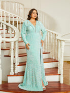 Plus Size V-Neck Cutout Split Mermaid Long Sleeve Prom Dress