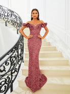 MISSORD Off Shoulder Purple Sequin Mermaid Evening Dress