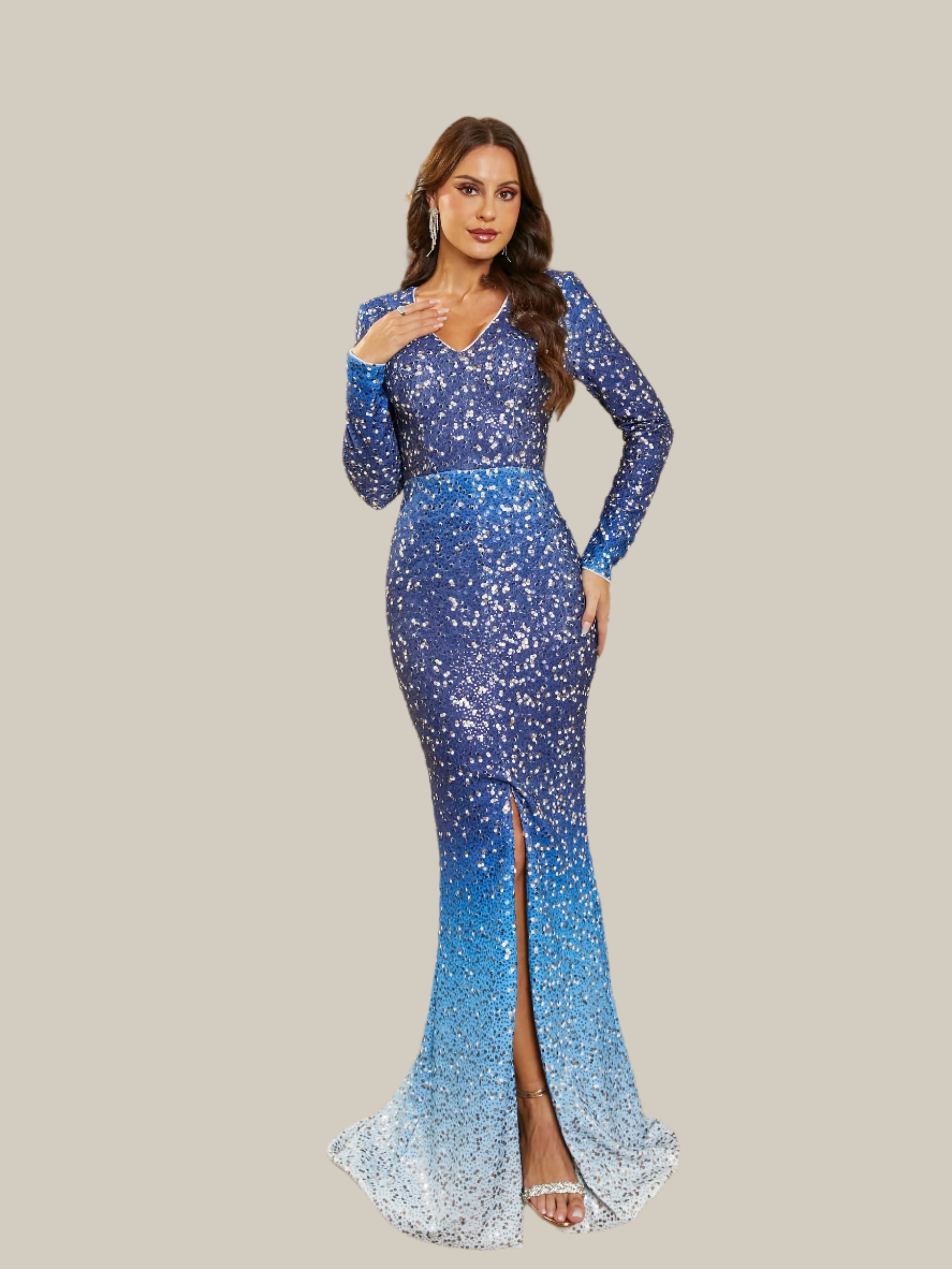 MISSORD V-neck Long Sleeve Split Blue Sequin Formal Dress