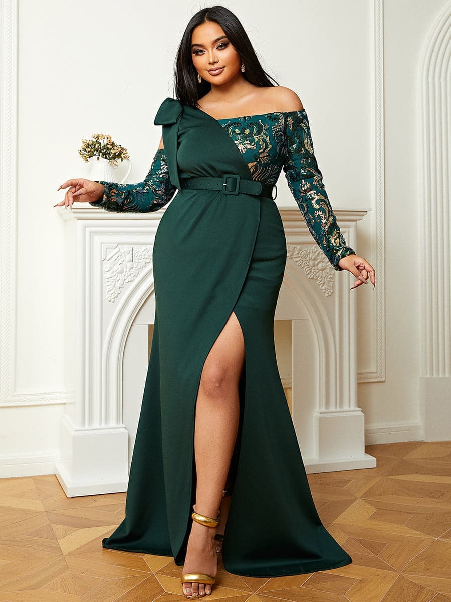 Plus Size Strapless Colorblock Emerald Green Gown PJM019L MISS ORD