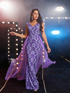 MISSORD V-neck Sleeveless Panel Mesh Purple Sequin Prom Dress