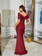 MISSORD Off Shoulder Appliqued Mermaid Wine Sequin Maxi Dress