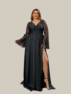 Plus Size Wrap Ruched Lace Sleeve Black Evening Dress