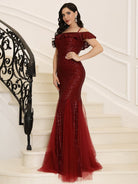 Cold Shoulder Ruffled Sequin Burgundy Prom Dress MQ005 MISS ORD
