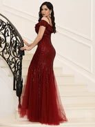 Cold Shoulder Ruffled Sequin Burgundy Prom Dress MQ005 MISS ORD
