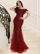 Cold Shoulder Ruffled Sequin Burgundy Prom Dress MQ005 MISS ORD