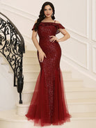 Cold Shoulder Ruffled Sequin Burgundy Prom Dress MQ005 MISS ORD