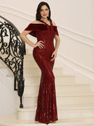 Cold Shoulder Sequin Burgundy Evening Dress XJ1732 MISS ORD