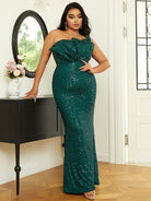 Plus Size Strapless Ruched Sequin Emerald Green Prom Dress PXH2305 MISS ORD